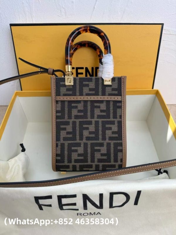 AAA+ Fendi Mini Sunshine Shopper Brown FF fabric mini bag Replica | 1:1 Copy with In-Hand Pics