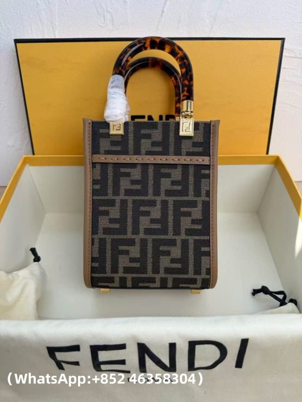 AAA+ Fendi Mini Sunshine Shopper Brown FF fabric mini bag Replica | 1:1 Copy with In-Hand Pics