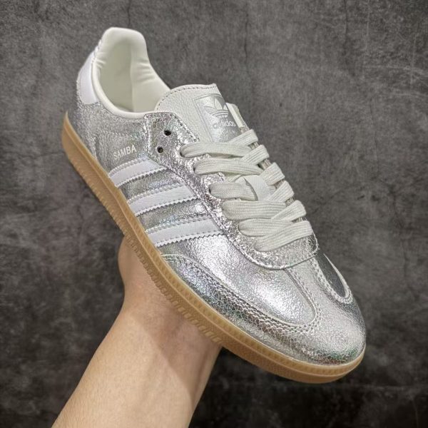 Adidas Samba OG Silver Metallic Cracked Leather Replica Sneakers